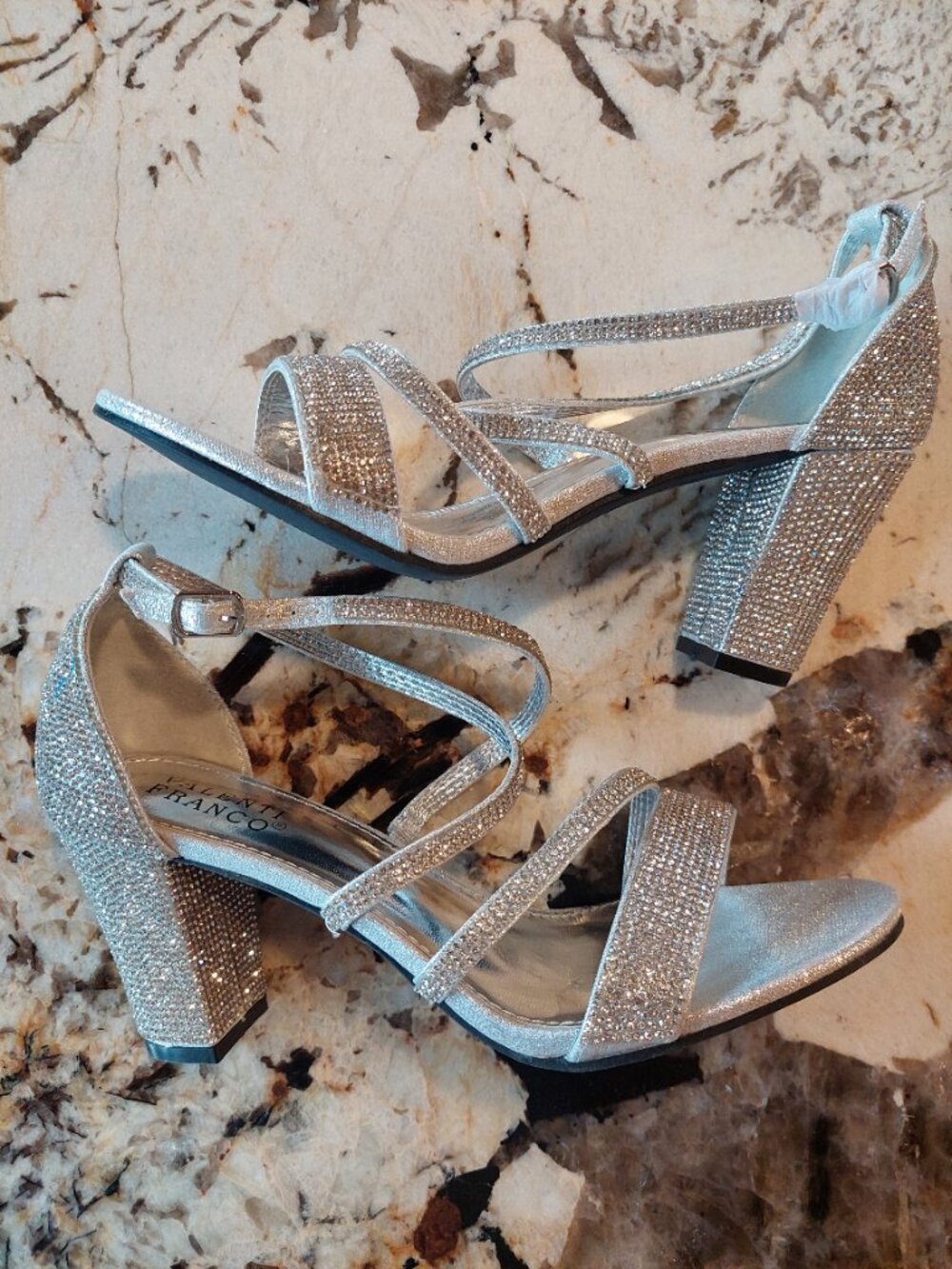 Valenti Franco silver glitter or rhinestone-embellished block heel sandals sz11